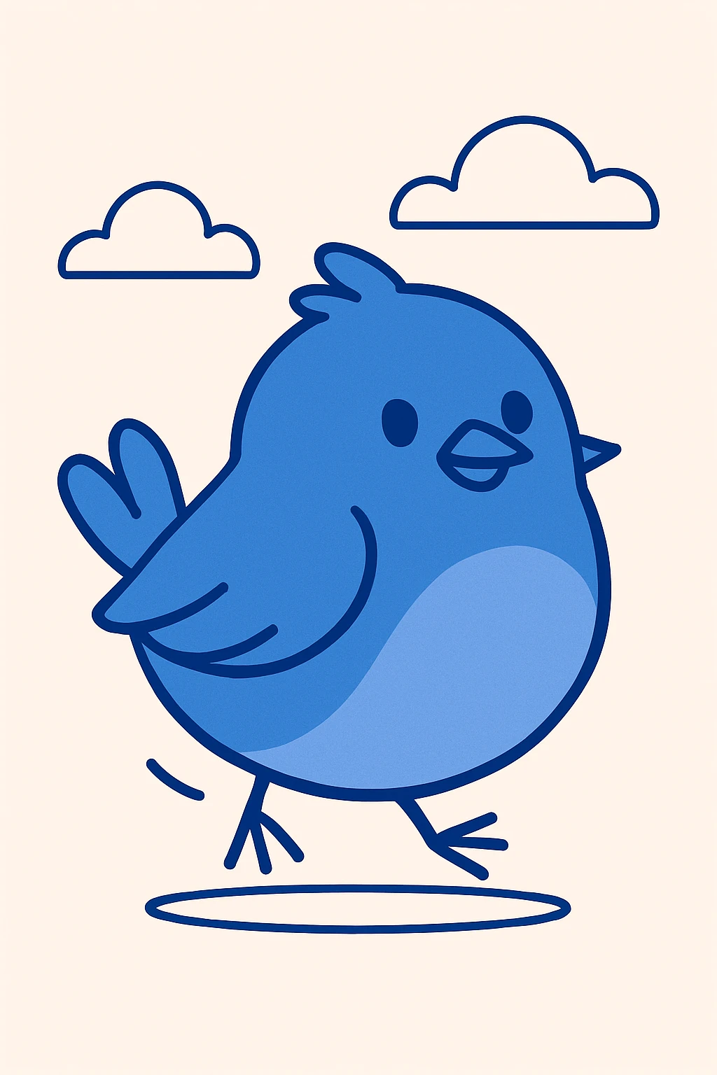 bouncy blue cute bird, playful and round, cartoon style emoji