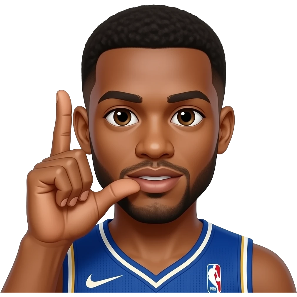Make the mans skin light brown and a basketball player with his first and middle fingers held up to his right ear and his thumb held on his lips like a phone emoji