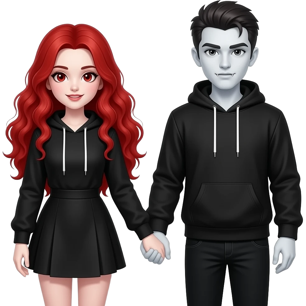 Vampiro femmina 12 enne con capelli lunghi rosso fuoco ondulati con pelle bianca che indossa una gonna corta nera e una felpa che tiene la mano al fidanzato VAMPIRO emoji