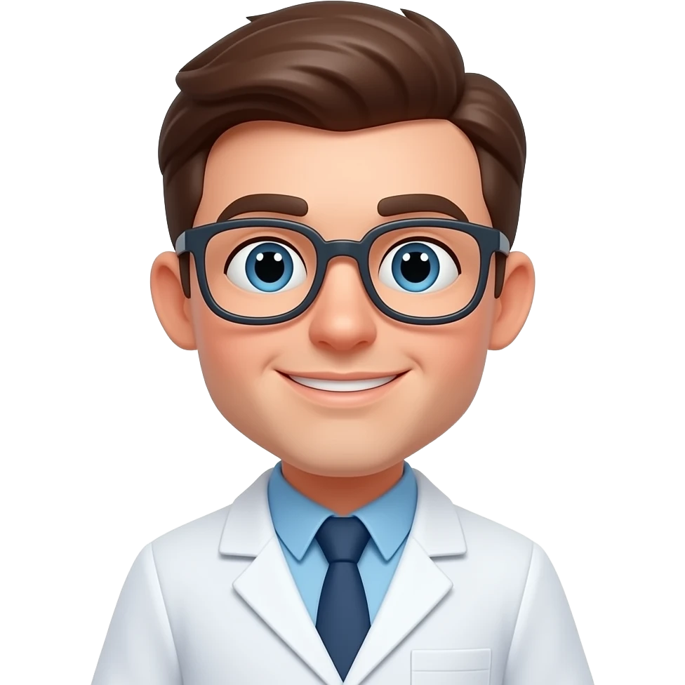A 3D cartoon scientist n a lab coat, with glasses emoji
