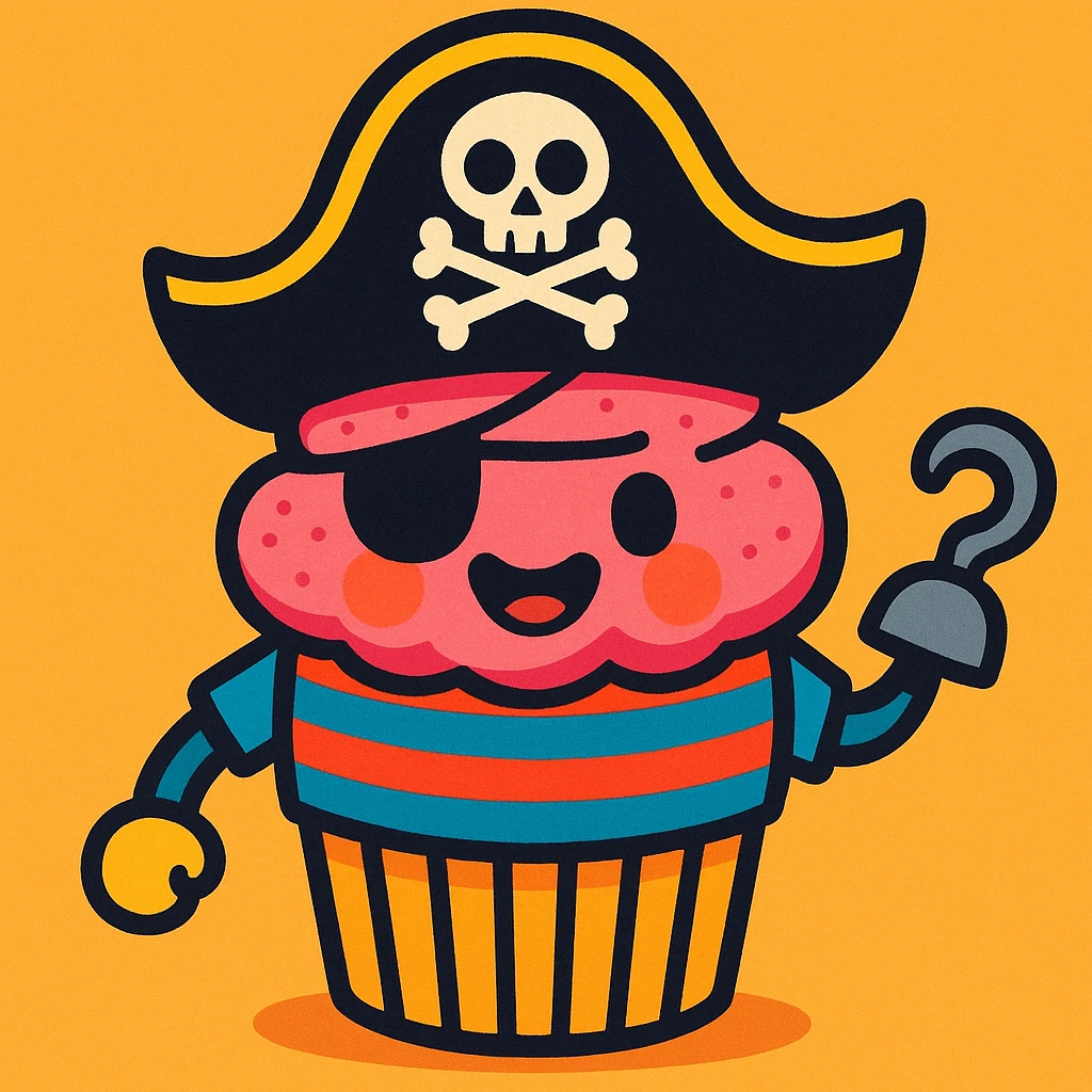 a cupcake dressed as a pirate with a hook and striped shirt, vibrant colors emoji