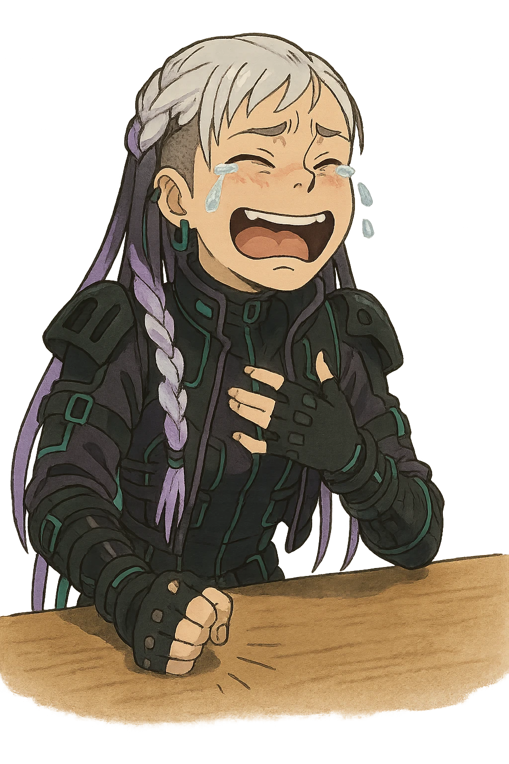 1 female, white braid with lavender tips. Cybergoth futurepunk, crying from laughter, pounding her fist on a table, “wheeze emoji” facial expression  emoji