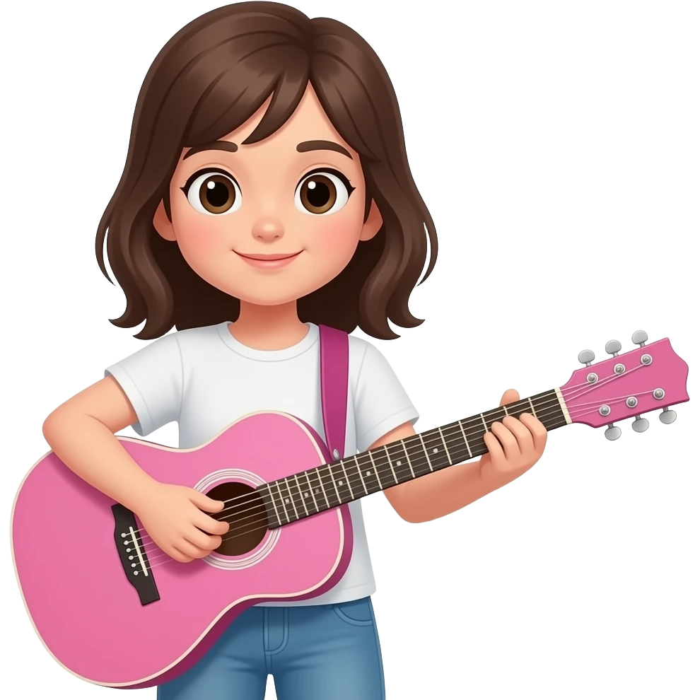 old iOS 18 style emoji of a girl playing a pink guitar. emoji