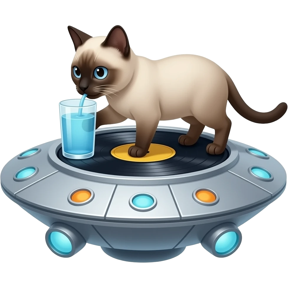 A Siamese cat drinking over Big vinyl like a spaceshit emoji