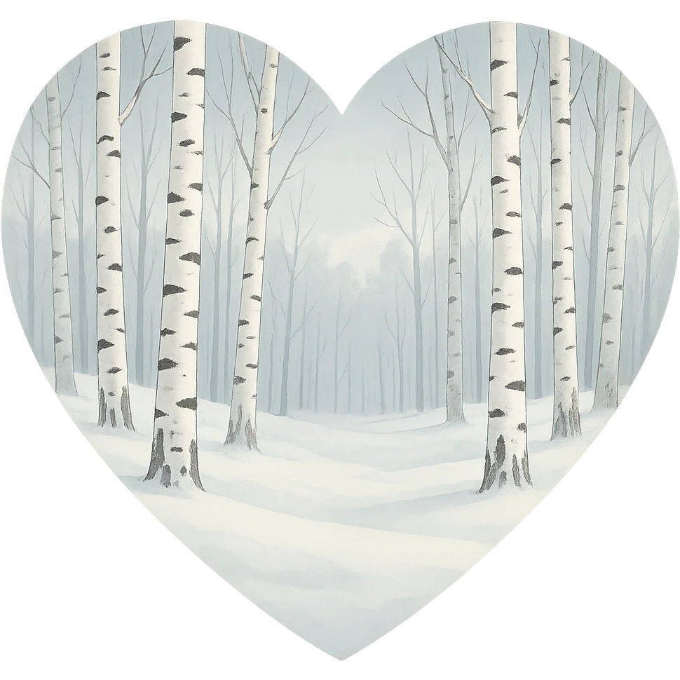 heart with a tranquil snowy birch grove, clean digital illustration, no background emoji