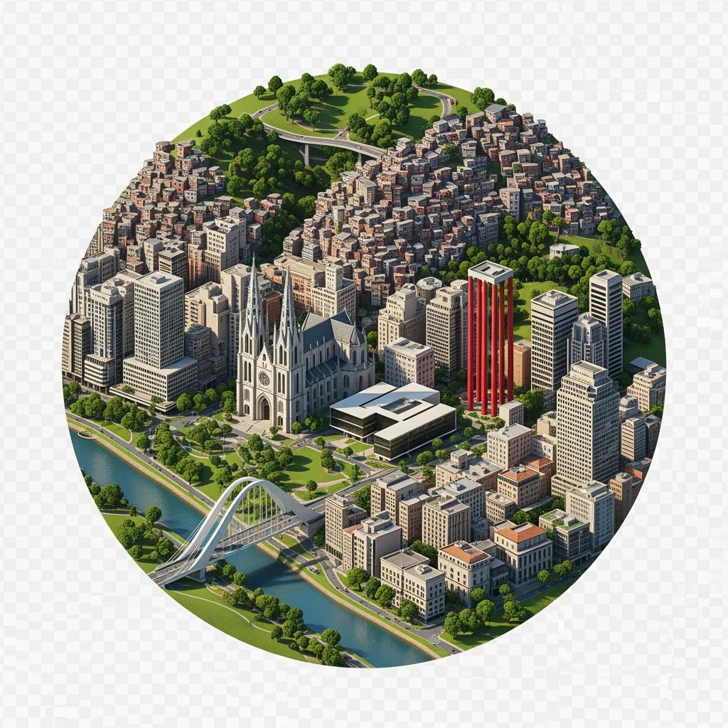 Isometric сircle miniature of São Paulo Catedral da Sé, MASP on red pillars, Octávio Frias Bridge, and Altino Arantes building, favelas on hillsides, dense chaotic urban blocks, and green parks 3D miniature effect and Tilt Shift effect, no cartoonish look, transparent background. emoji