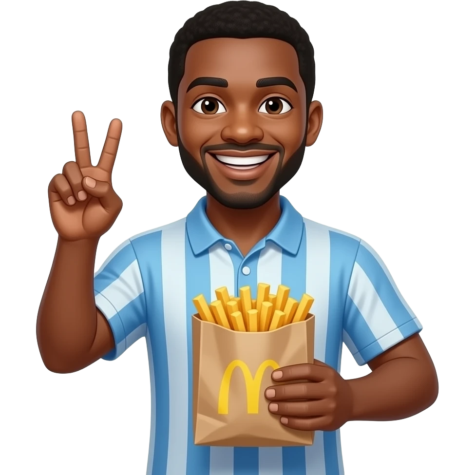 Black emoji Man putting the fries in the bag smiling , holding up the peace sign emoji