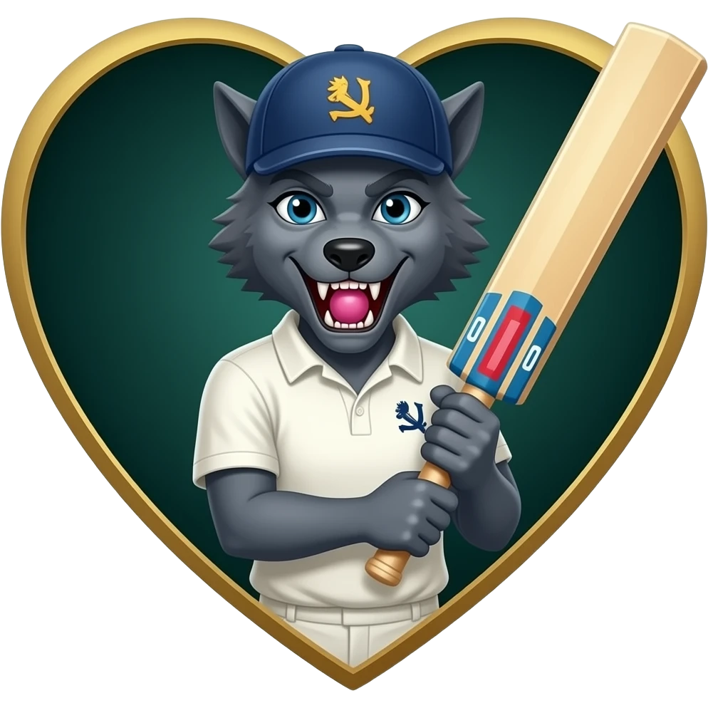 Dark Green and gold heart background with a grey female adult snarling werewolf wearing cricket clothes holding a pink cricket ball and cricket bat emoji