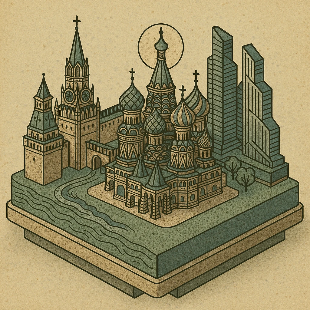 Изометричная миниатюрная 3D модель Москвы на подставке - фотореалистичный Кремль, собор Василия Блаженного, Сити, аккуратная детализация, яркие цвета мультяшный реализм, компактная композиция,  вид сверху в изометрии emoji