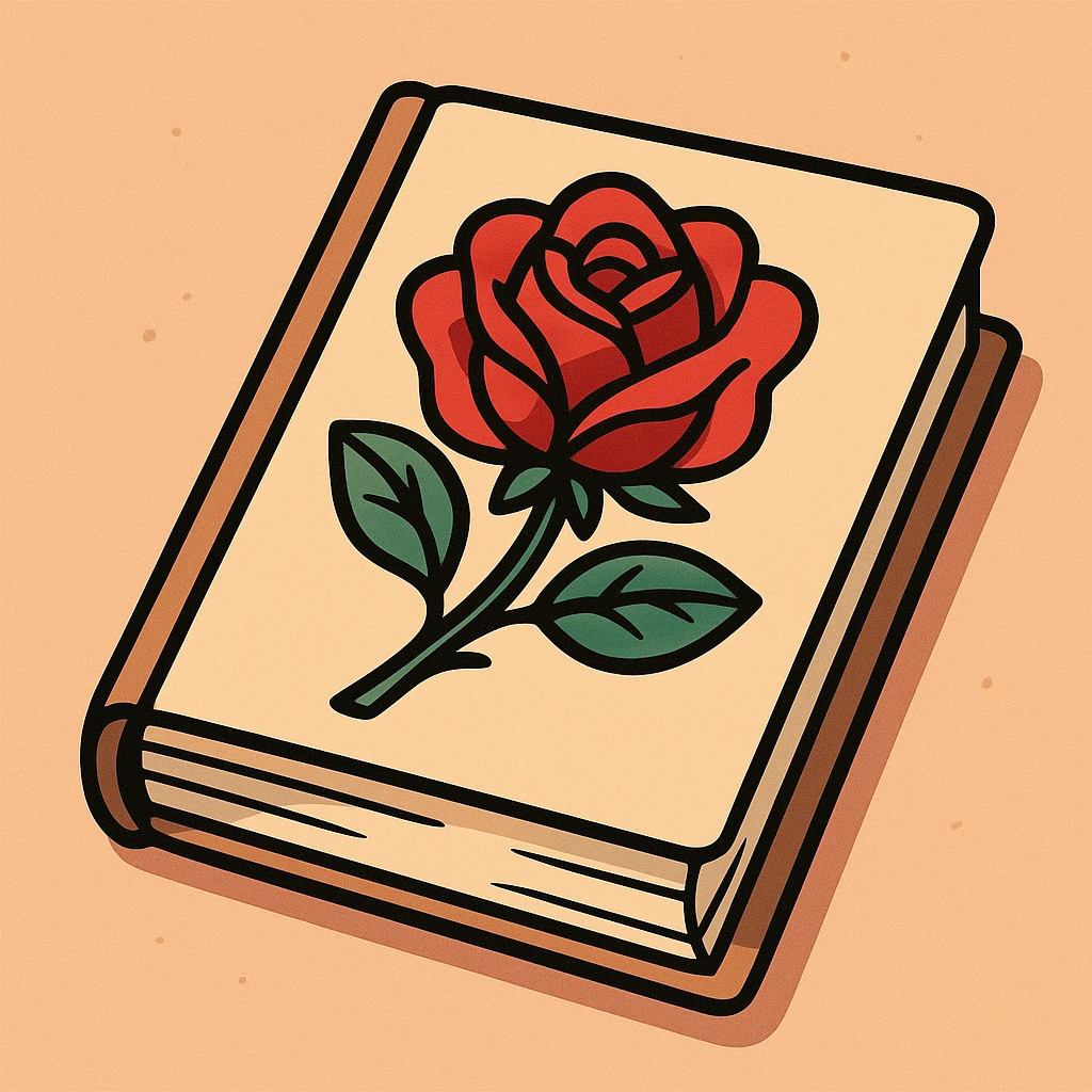 a closed book with a large red rose on the cover, minimal design, flat toon style emoji