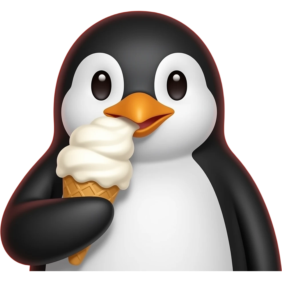 penguin eating ice cream scape in vibrant red color half body with face close up emoji