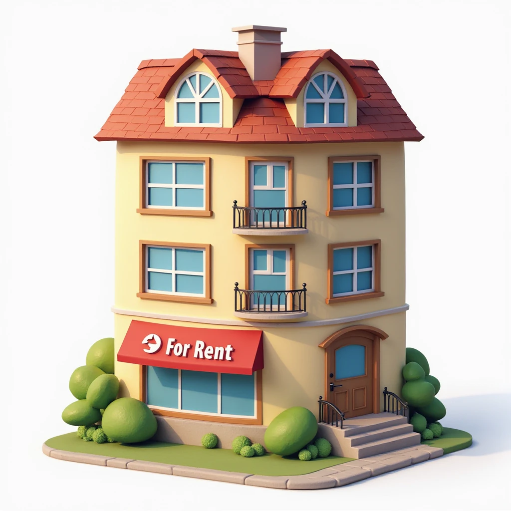 realistic apartment rent icon, detailed apartment facade, visible 'For Rent' banner emoji