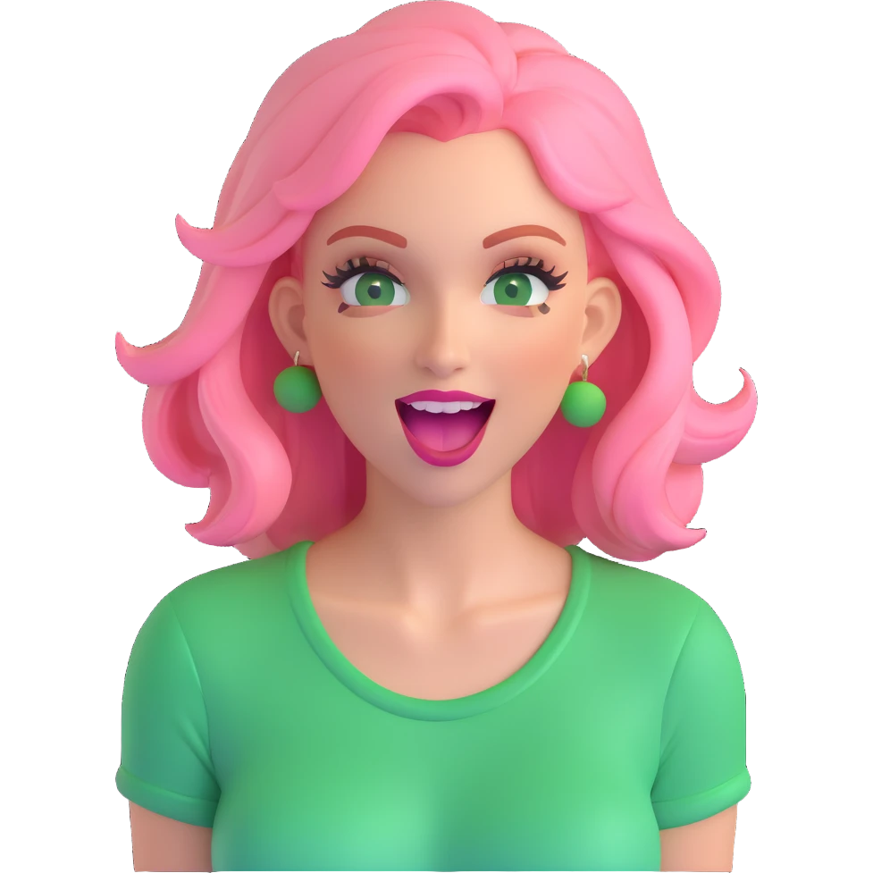 an excited woman with blond and pink hair and green make up emoji