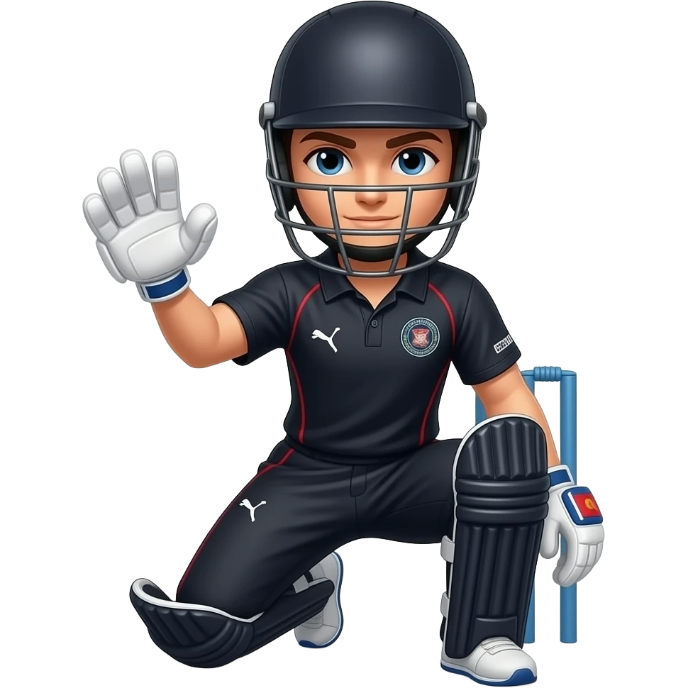 cricket wicket keeper in squad pose in black dress jersy half body and wearing helmet with one hand up emoji