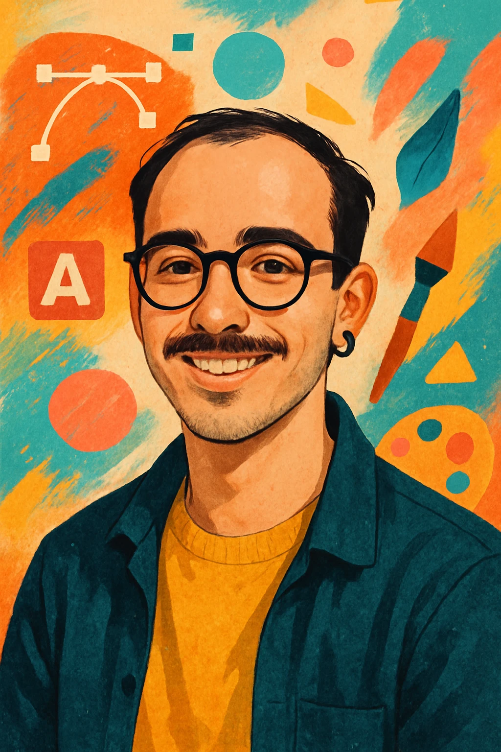 25 year old graphic designer, slightly receding dark hair, thin moustache, black earring on left ear, happy expression, modern style, creative vibe emoji