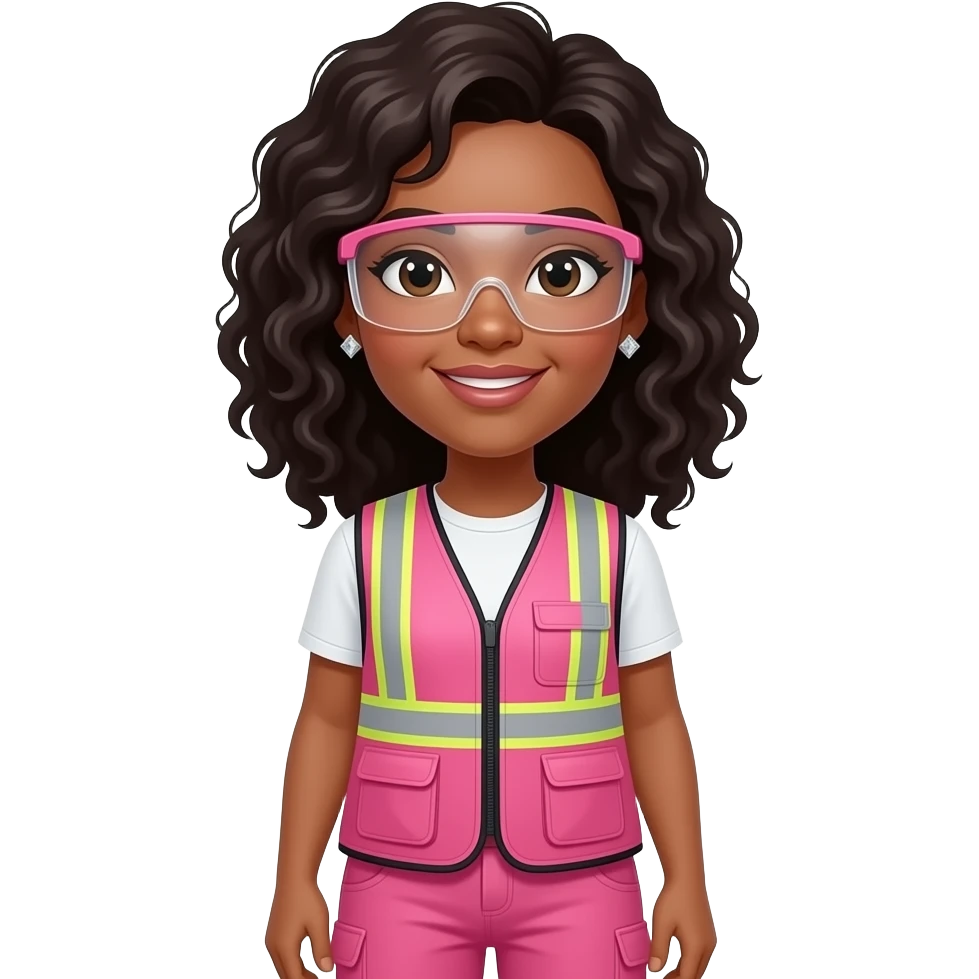 light skin women with shoulder length curly black hair wearing diamond earrings wearing pink and clear safety glasses wearing a pink construction vest wearing pink pants emoji