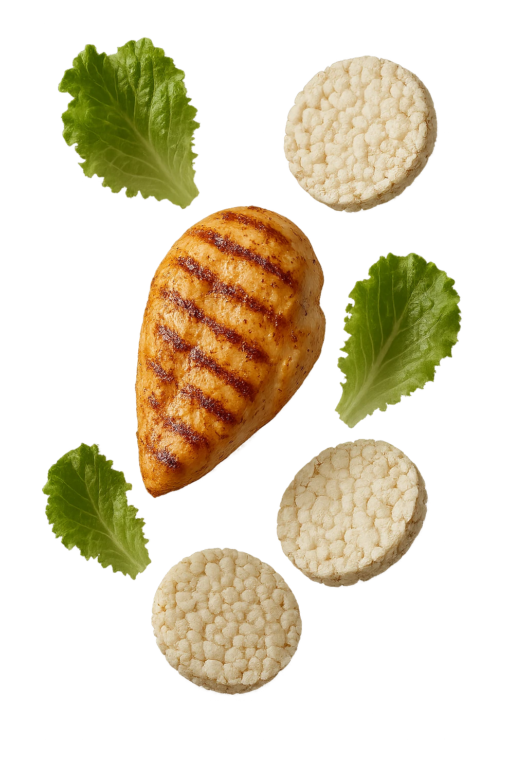 petto di pollo grigliato fluttua in aria insieme a gallette di riso e foglie di insalata, iperrealistico 4k emoji