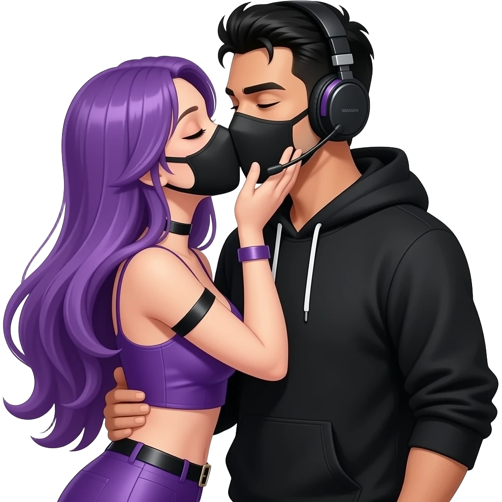 sexy girl with long purple hair and purple with a black mask is get kissed from an blackhaired attractive man in a black hoodie with a black mask and a headset emoji