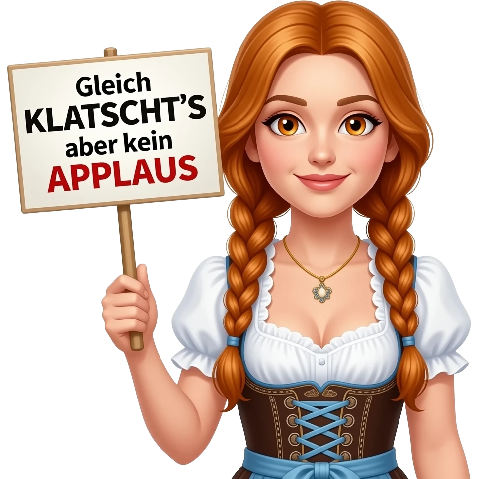 sexy girl with overlong ginger hair in braids and ginger eyes wearing a dirndl holding a Gleich KLATSCHT'S aber kein APPLAUS sign emoji