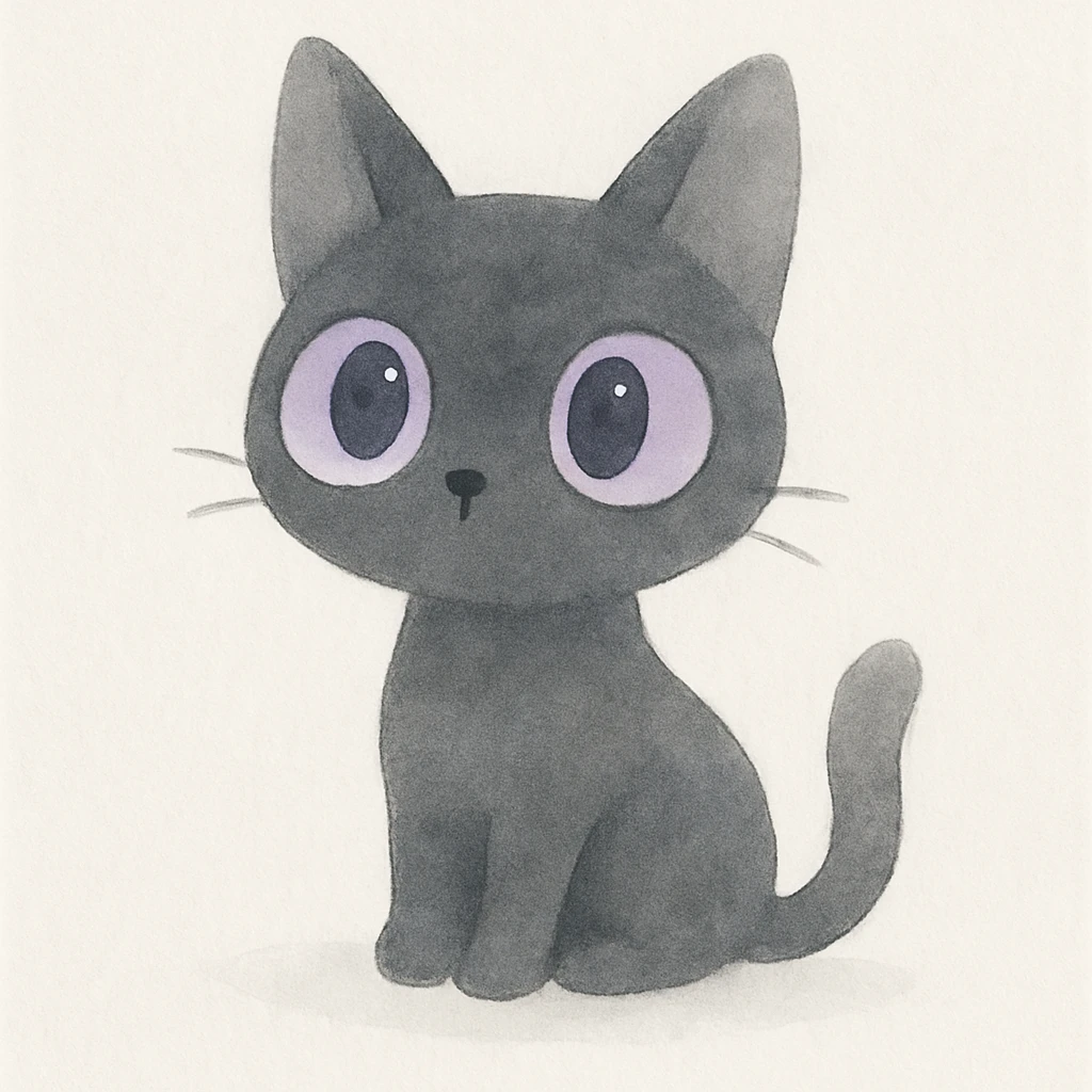 cartoonish black cat with oversized purple eyes, looking curious, watercolor art style emoji