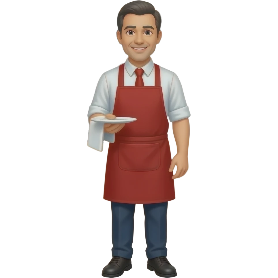 quiero un emoji de mesero mandil rojo de cuerpo completo  que parezca un adulto de 40 años con un fondo de cafetería emoji