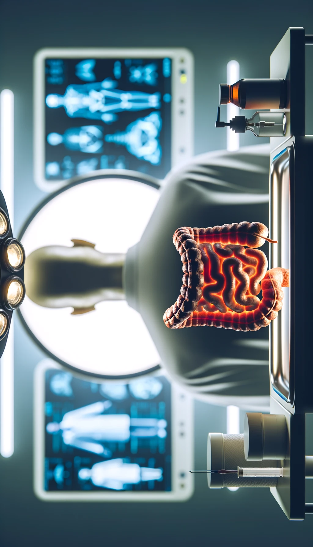 corpo umano anatomico seduto in uno studio clinico su un lettino con intestino umano anatomico visibile, sopra di lui lo illumina una luce, di spalle c'è un medico sfocato, sfondo chiaro iperrealistica 4k emoji