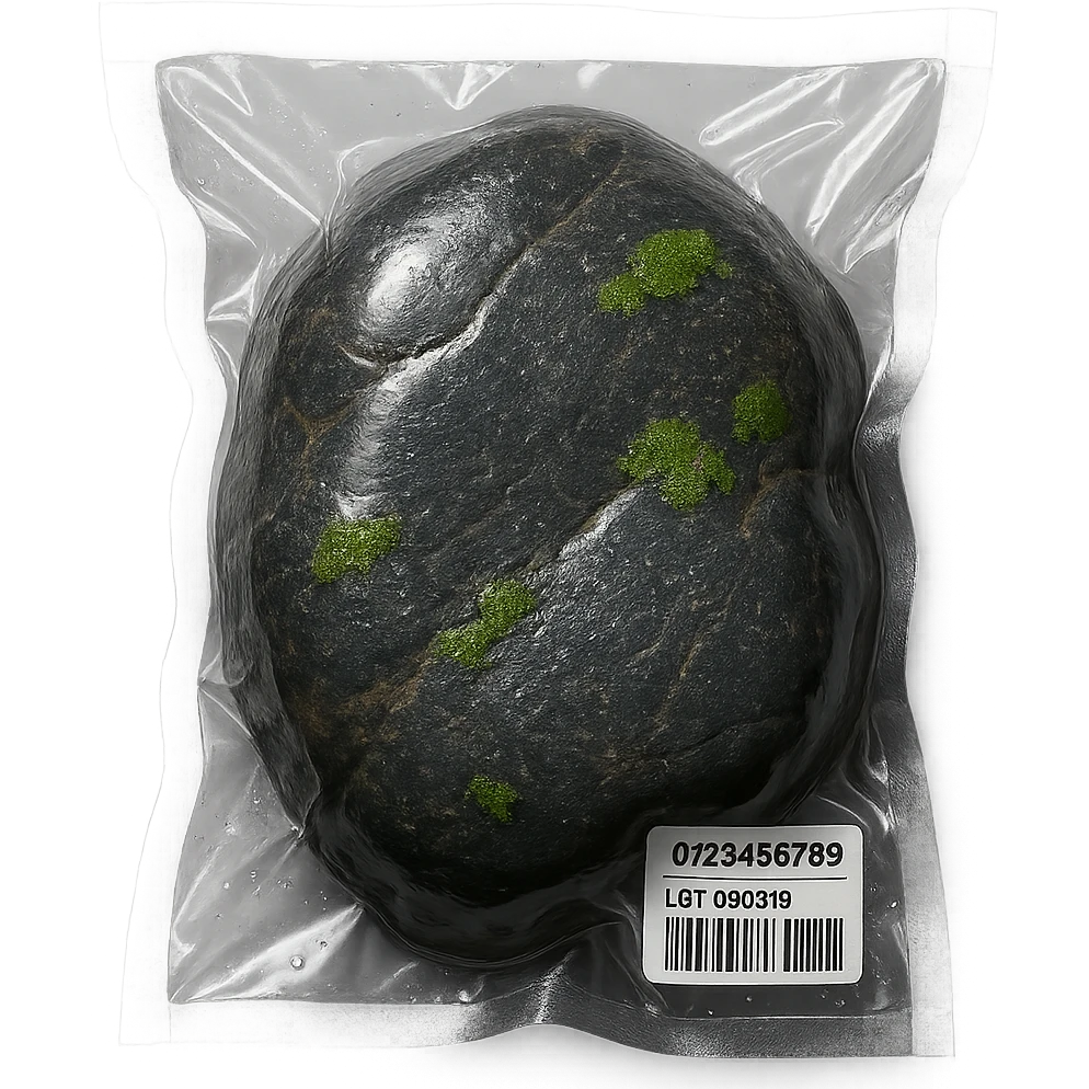 large stone with small patches of green moss, glossy and puffy emoji