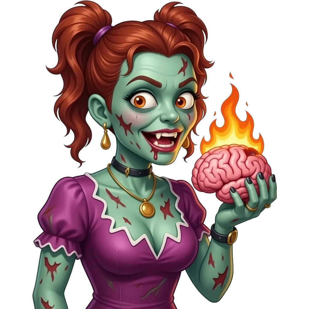 crazy zombie lady on fire eating a brain emoji