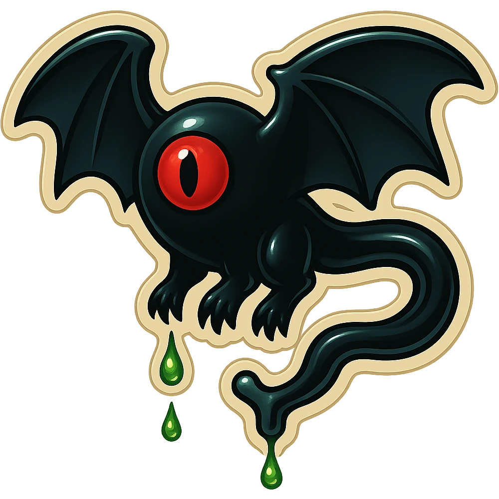 an all black reptilian bat-like creature. One cyclopian red eye in its face. no visible mouth or ears. 2 hind legs with claws. has a long tale with a stinger that drips green poison. no ears. no horns. no arms. visible bone-like stinger at end of tail emoji