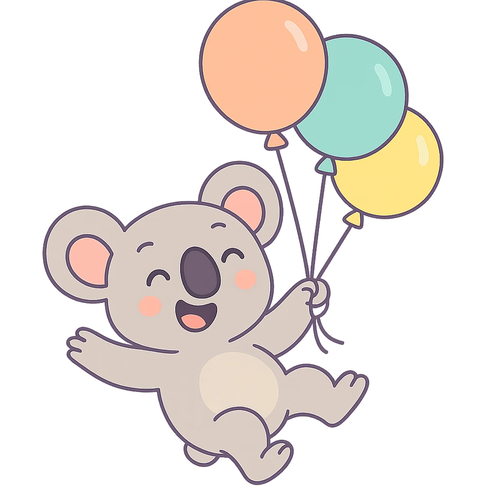 happy koala floating with pastel balloons in pastel-toon style emoji