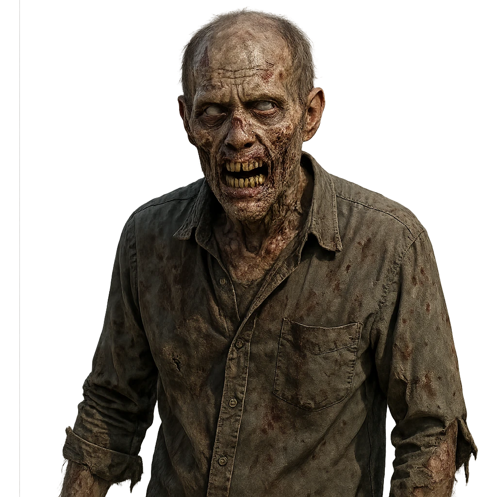 homem zumbi, estilo realista, pele apodrecida, dentes à mostra, roupas esfarrapadas emoji