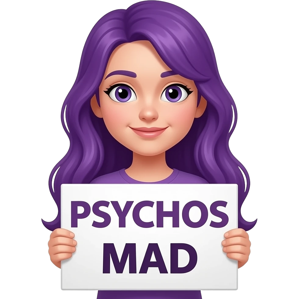 girl with long purple hair with a PSYCHOS MAD sign emoji