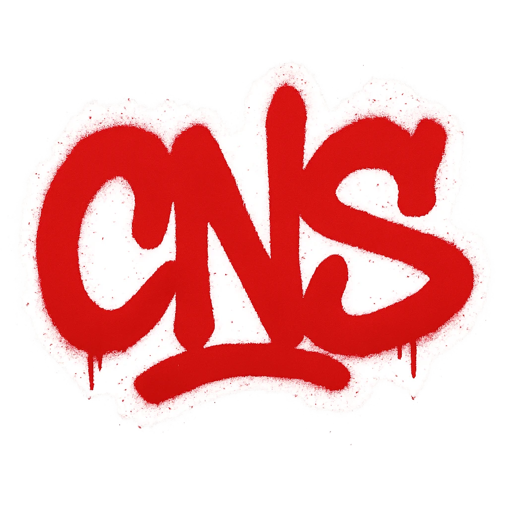 Сделай красное граффити с надписью "CNS" в стиле emoji iOS без фона emoji