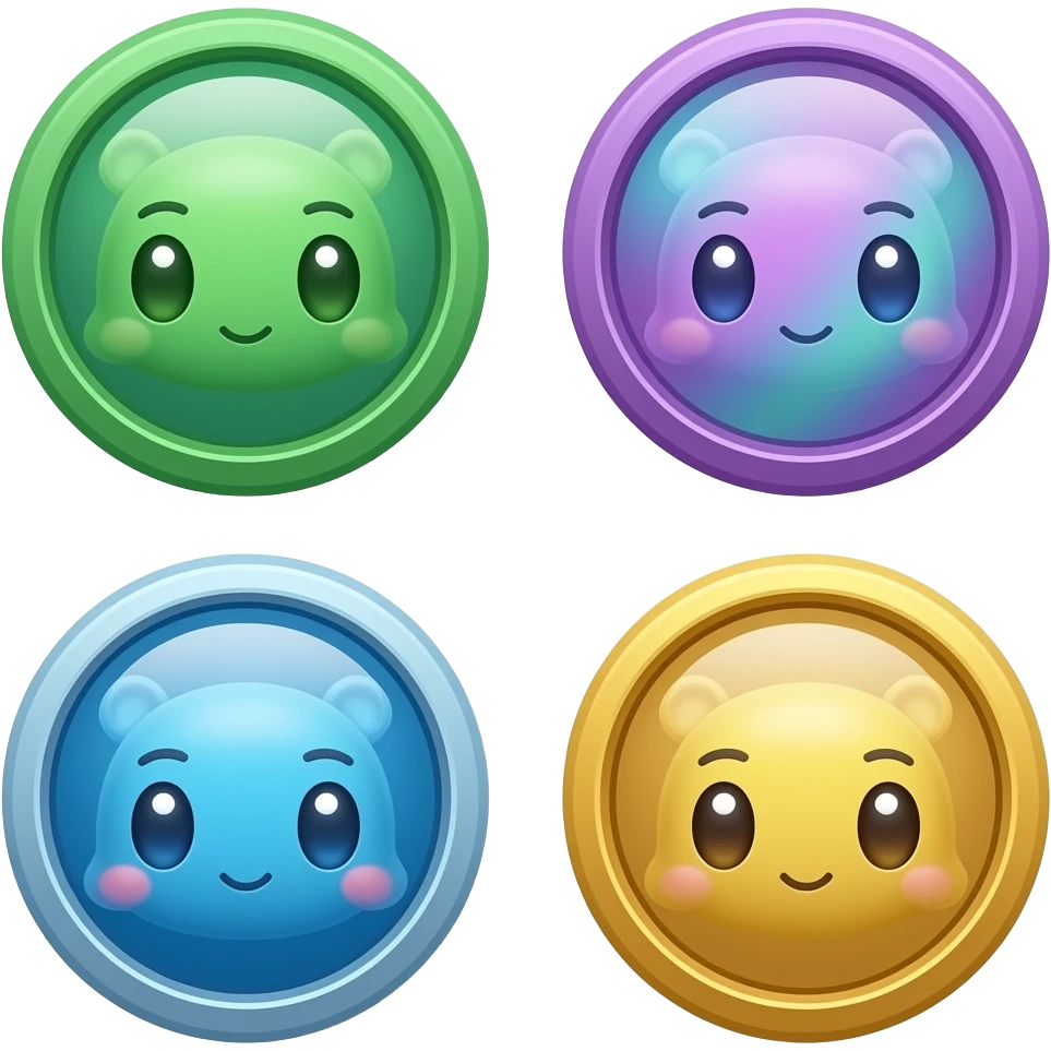 i want several emojis for showing  rarity of cards i want them in hdand i wnt them to have a cute rounder look for each tier common (green) rare (blue) epic (purple) legendary (gold) mythic(unicorn holographic) keep it cute themed ie rounded edges y2k etc emoji
