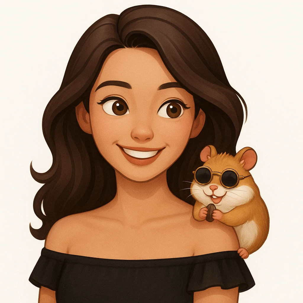 Add a cheeky, adorable hamster perched playfully on her shoulder. The hamster is wearing tiny round sunglasses and munching on a seed. The woman and her hamster are sharing a fun, carefree moment together, radiating warmth and joy. Keep the modern, clean, warm style. emoji