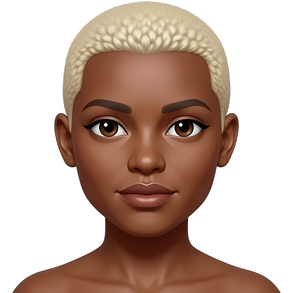 Black woman with a to the scalp hair cut shorter much shorter. Very very short almost bald still to long.a platinum blonde color and a copper color skin tone no blonde eyebrows , pjease emoji