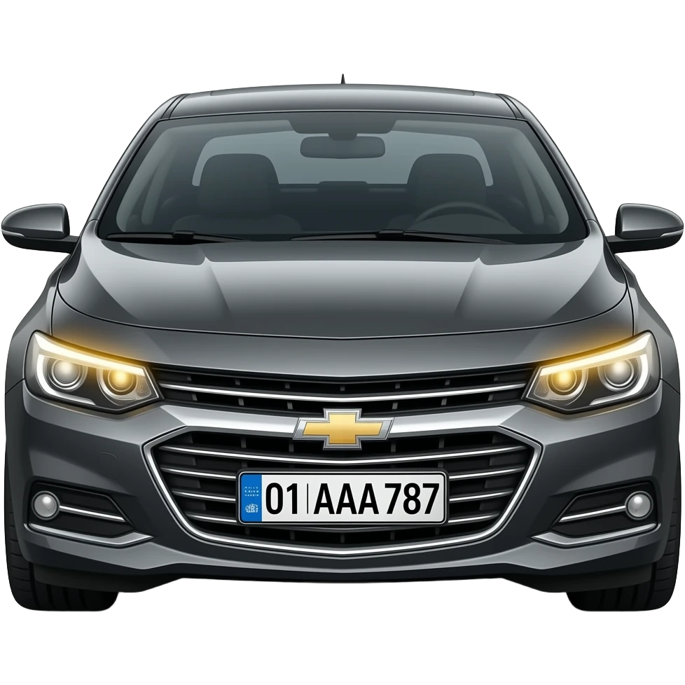 A realistic icon emoji of a metallic black sedan Chevrolet Malibu 2.0L Turbo Premier, dark charcoal tint windows, black alloy 5-spoke rims, Dynamic amber glow LED headlights with sharp laser-beam effect, uzbekistan region number texts "(uzbekistan flag) 01 | AAA 787" in plate emoji