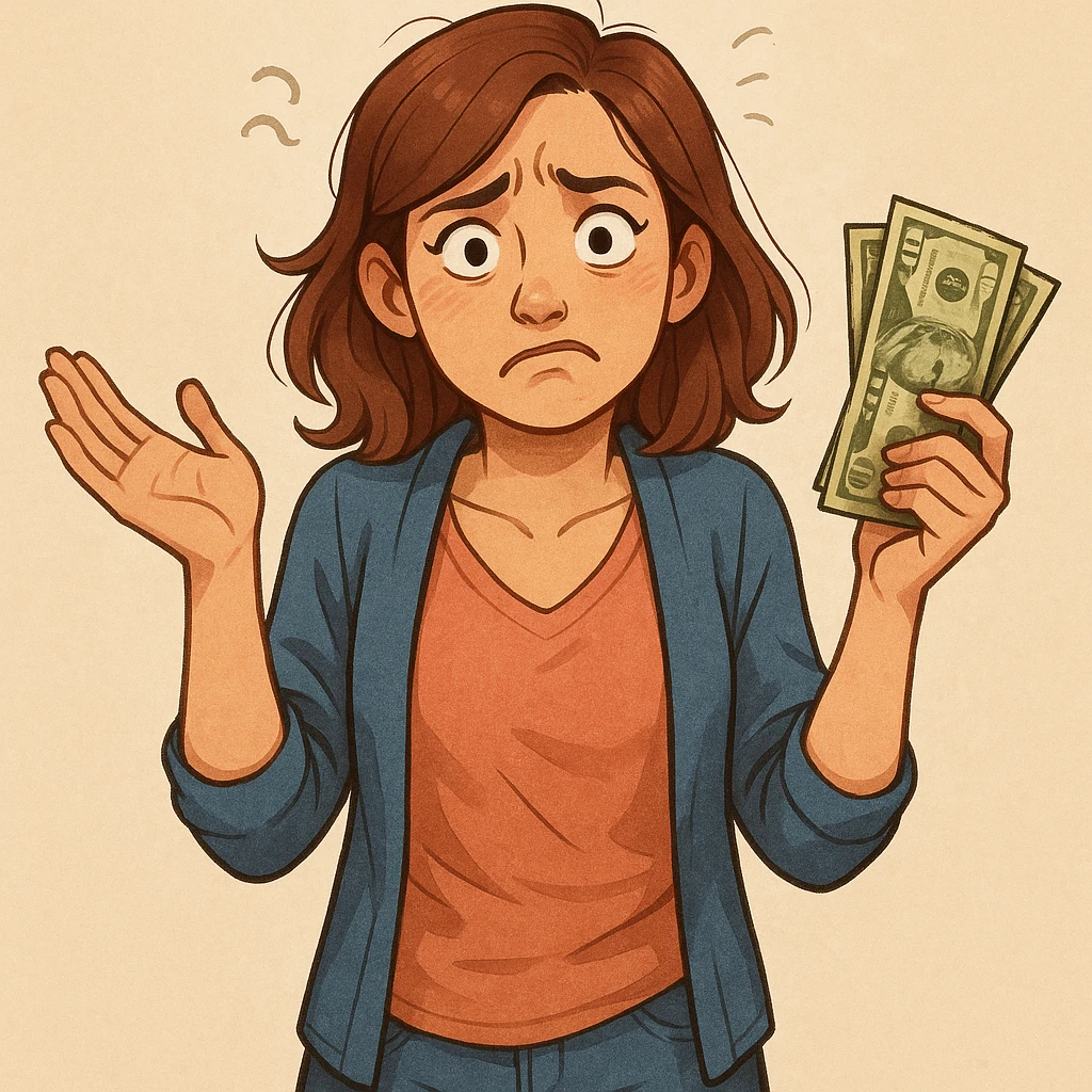 detailed illustration of a female character with a confused expression, hands up in the air, holding money, looking helpless emoji