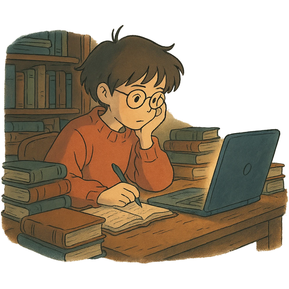 ghibli style cozy study scene with a student, books, and a glowing laptop emoji