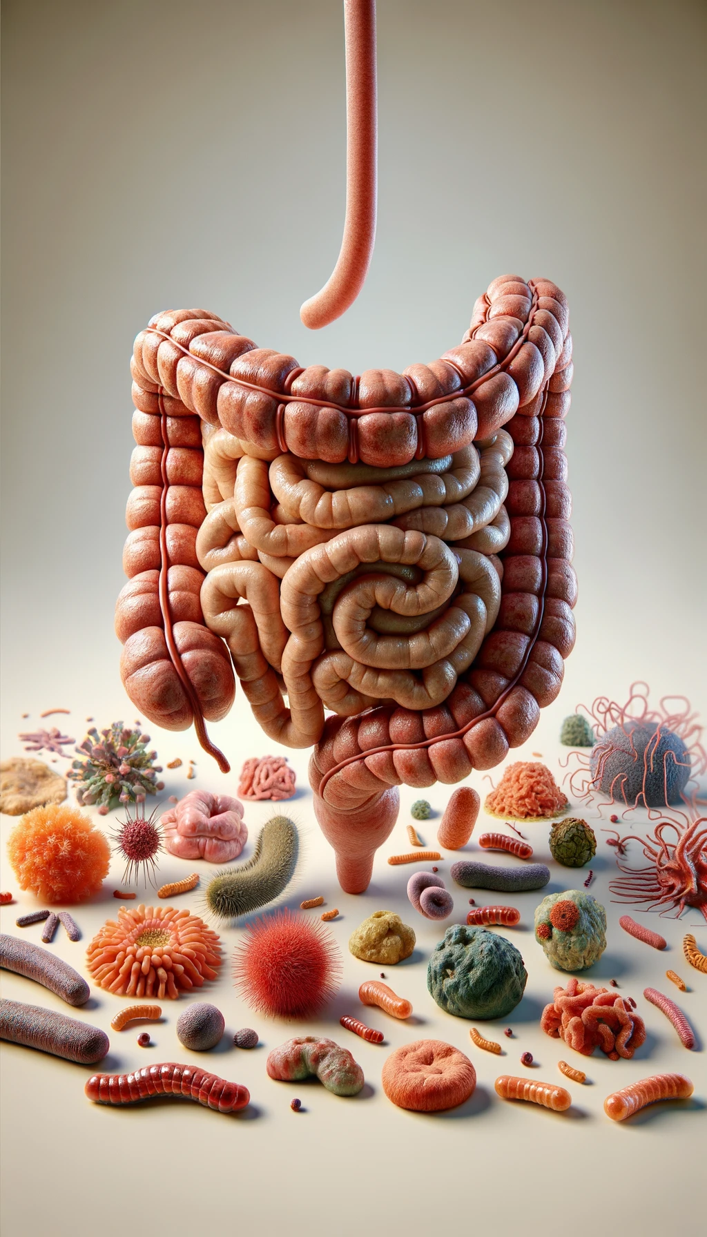 intestino umano realistico con batteri e parassiti che gli fluttuano intorno, sfondo chiaro, iperrealistico 4k emoji