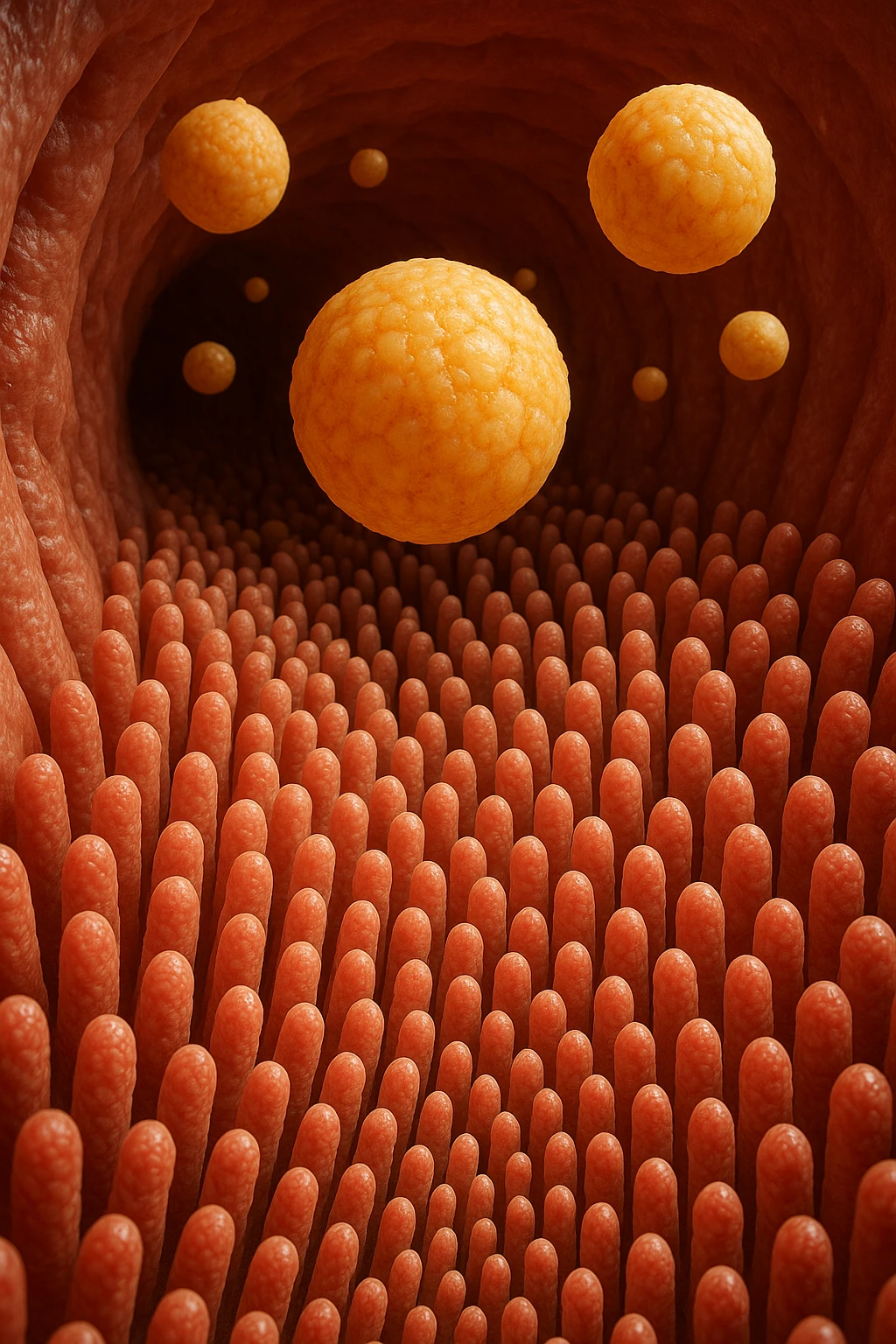 VILLI INTESTINALI CON CELLULE DI GRASSùO CHE CI FLUTTUANO SOPRA, INTERNO REALISTICO DI UN INTESTINO, IPERREALISTICO 4K emoji