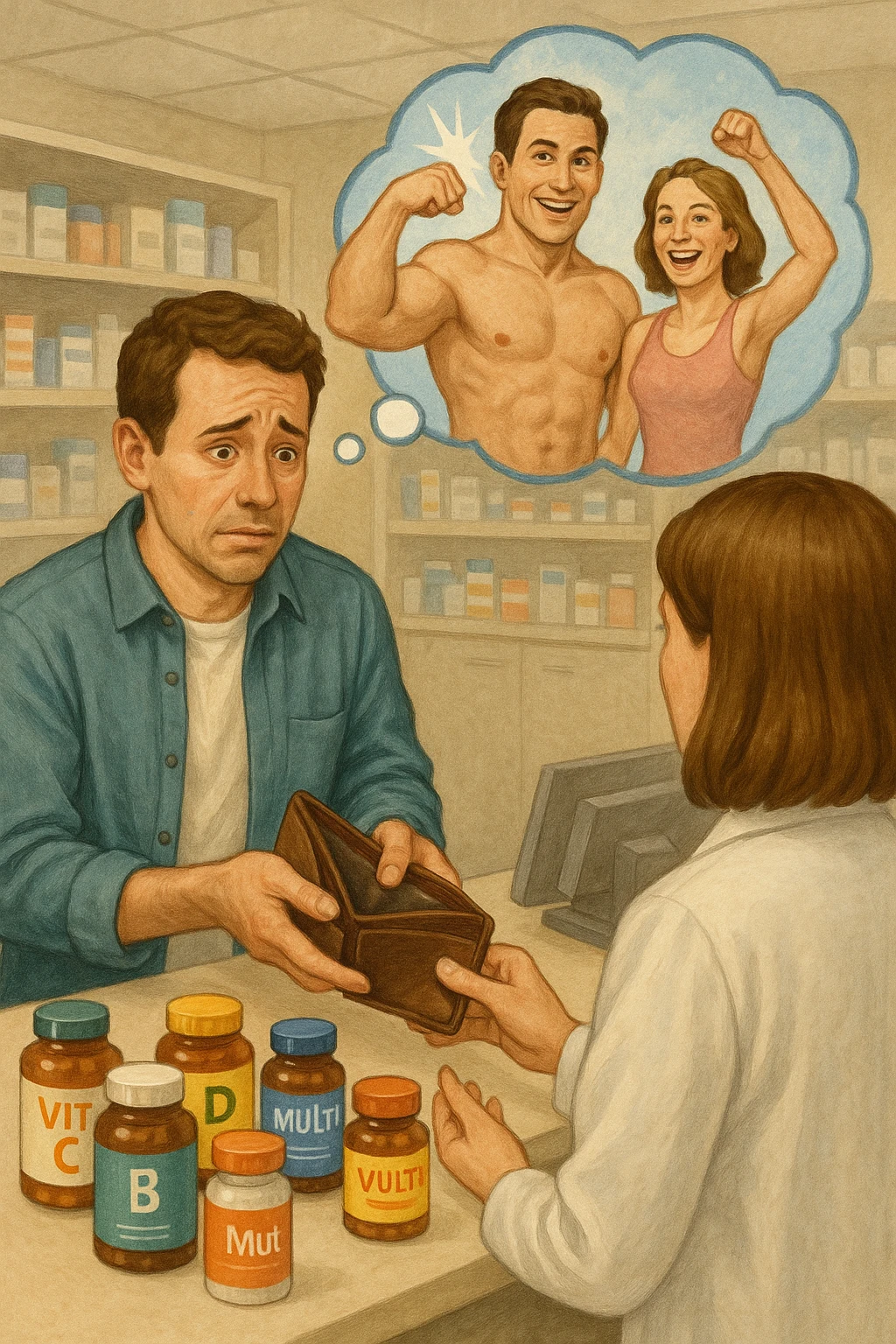 a man stands at a pharmacy counter, handing over a nearly empty wallet to the cashier while the counter is filled with bottles of supplements and vitamins. His expression is hopeful but slightly anxious. In the background, a thought bubble shows exaggerated images of instant health and fitness, symbolizing unrealistic expectations.  emoji