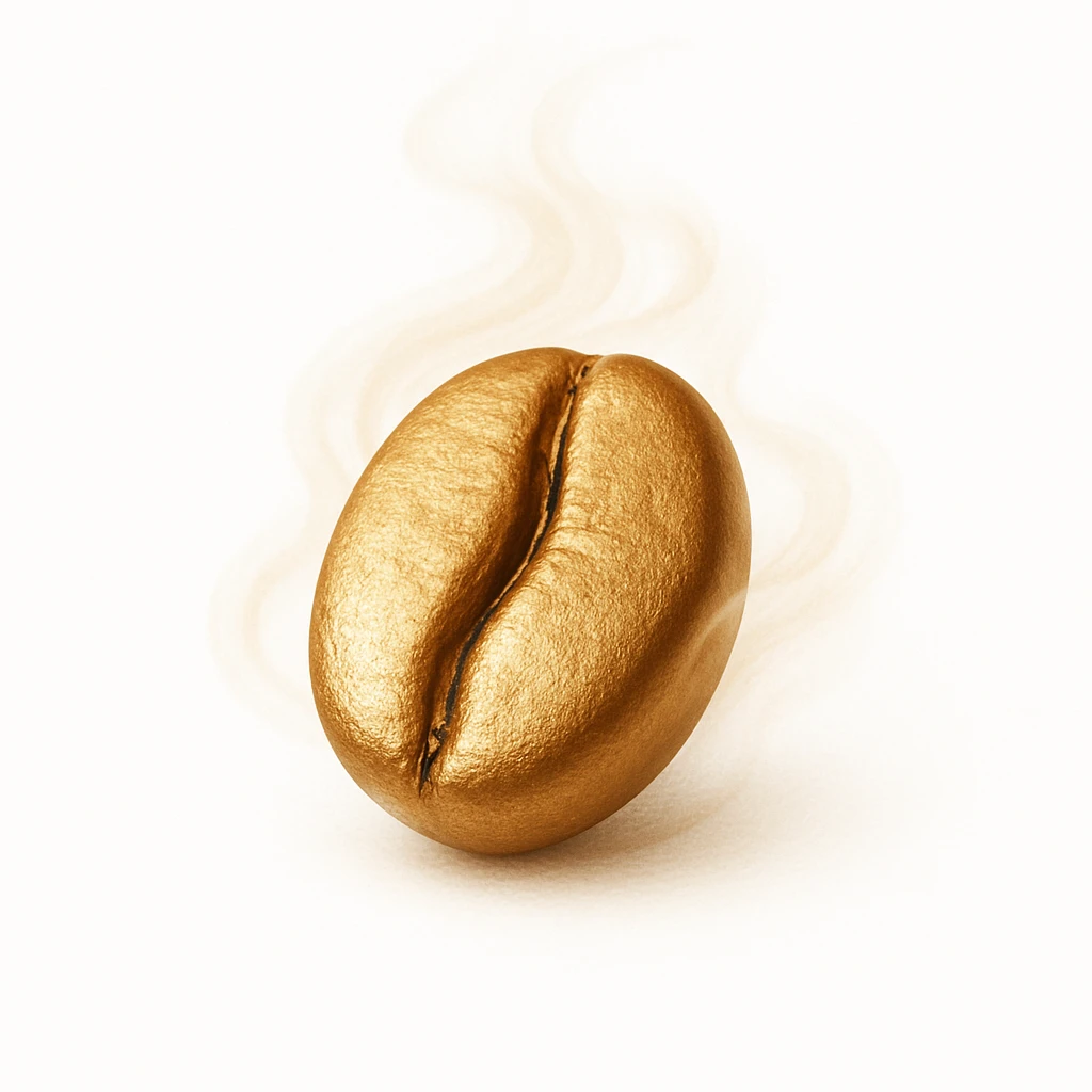 a single golden coffee bean, highly detailed and realistic, clean minimalist luxurious elegant style, bean wrapped in soft swirling mist evoking warmth and aroma of freshly brewed coffee, highest resolution, suitable for logo and branding, inspired by reference image, pure white background with transparent edges emoji