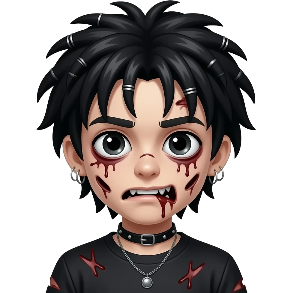 boy zombie with black hair emo creepy dreads scary, black eyes emoji
