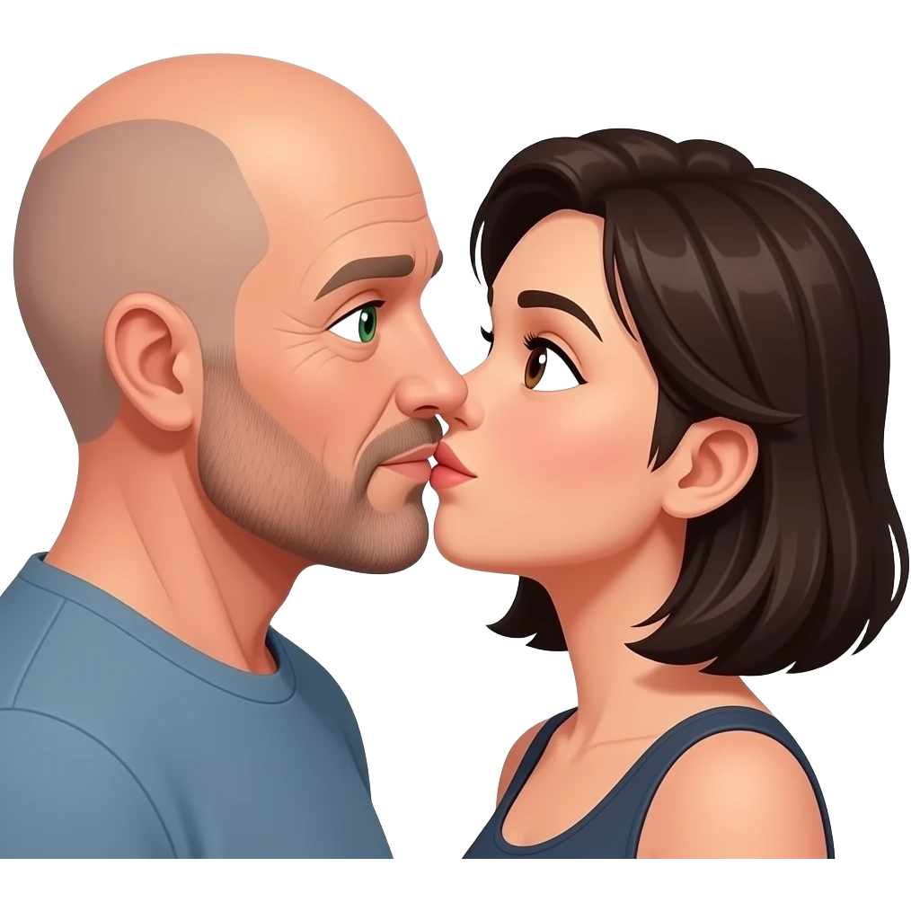 Middle age, bald man with salt and brown, scruff, green eyes, kissing a dark haired woman with brown eyes emoji