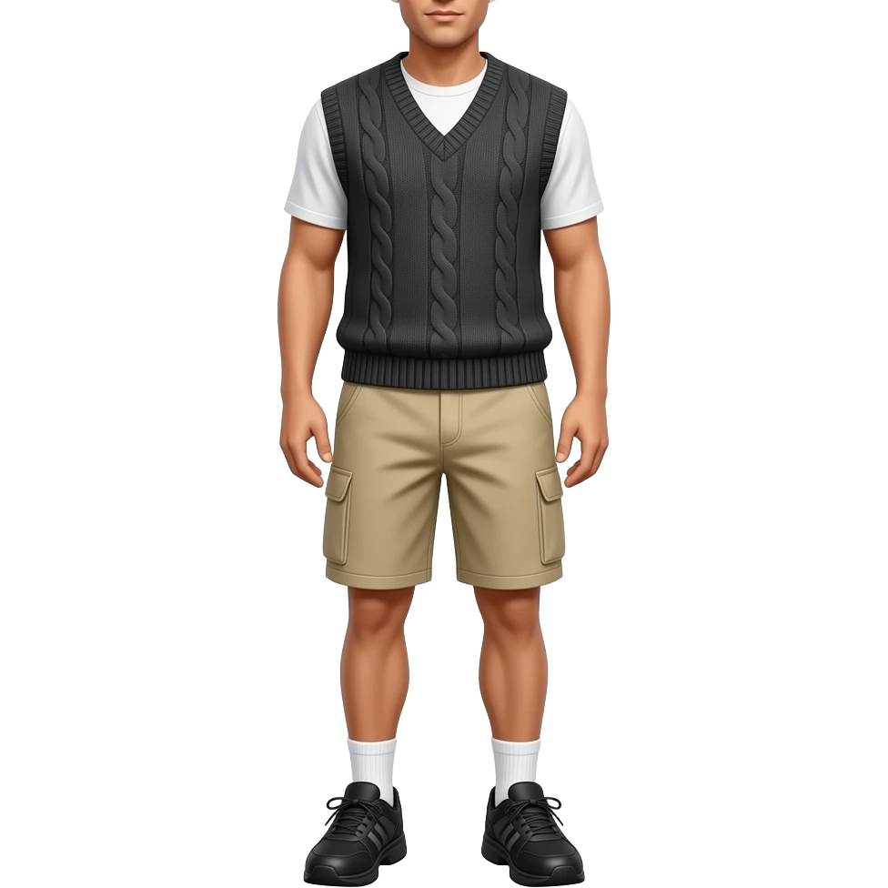 black running shoes with white socks, bare legs, beige cargo shorts and a dark grey open sweater-vest from the waist down emoji