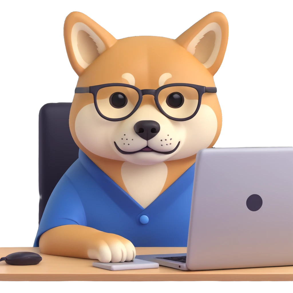 shiba inu with eye glasses and computer emoji