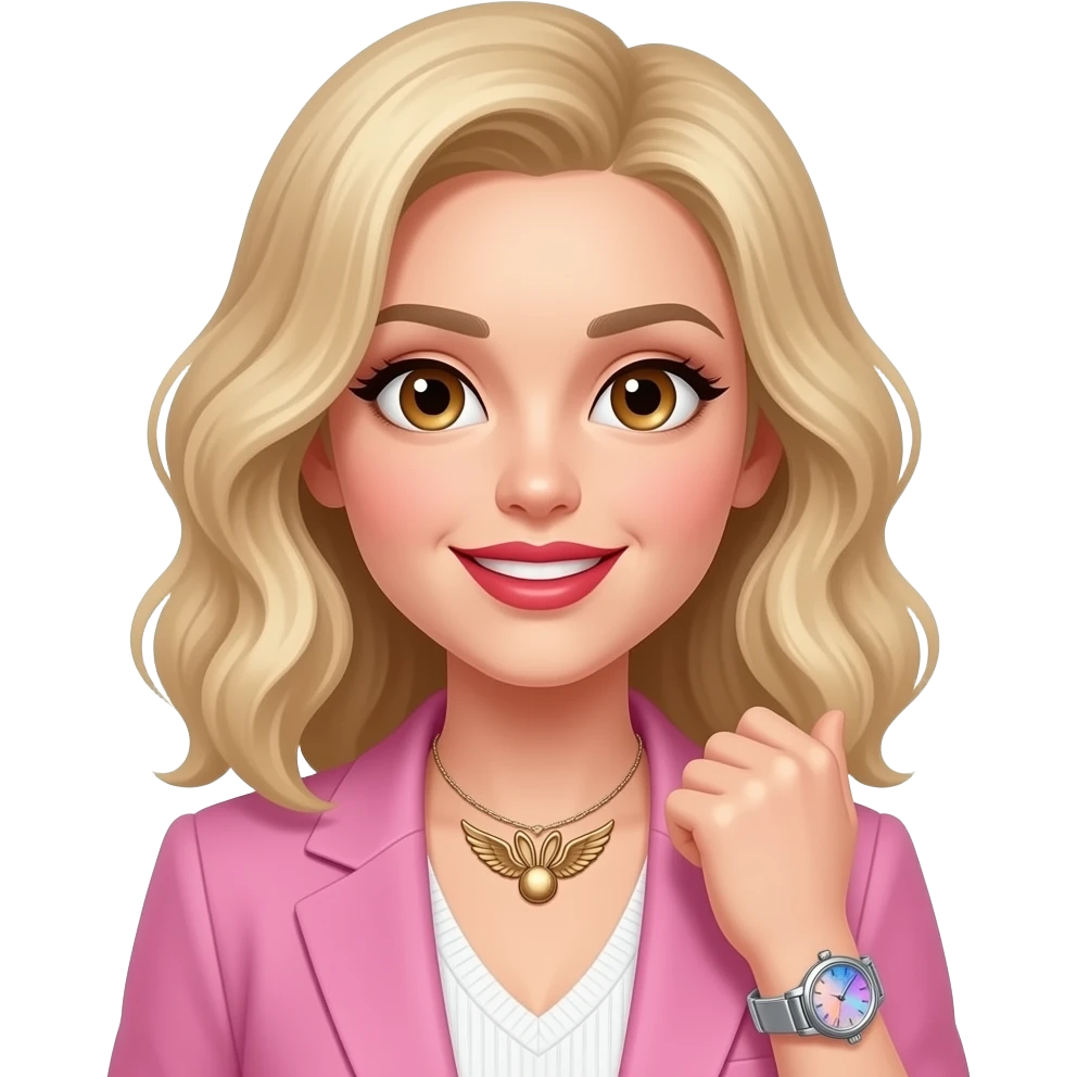 Slightly wavy blonde hair + Big light brown eyes + front bunny middle teeth + bronze color angel wing necklace + armwatch with blue&pink hologram dial and silver band + red lipstick + pink blazer + white pullover with open neck emoji