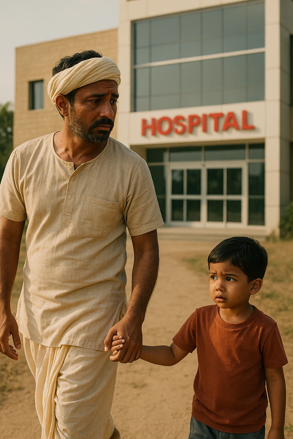 A concerned Indian farmer in traditional dhoti, bringing his small child (4 years old) to a hospital for a medical checkup, hospital building in background, emotional scene emoji