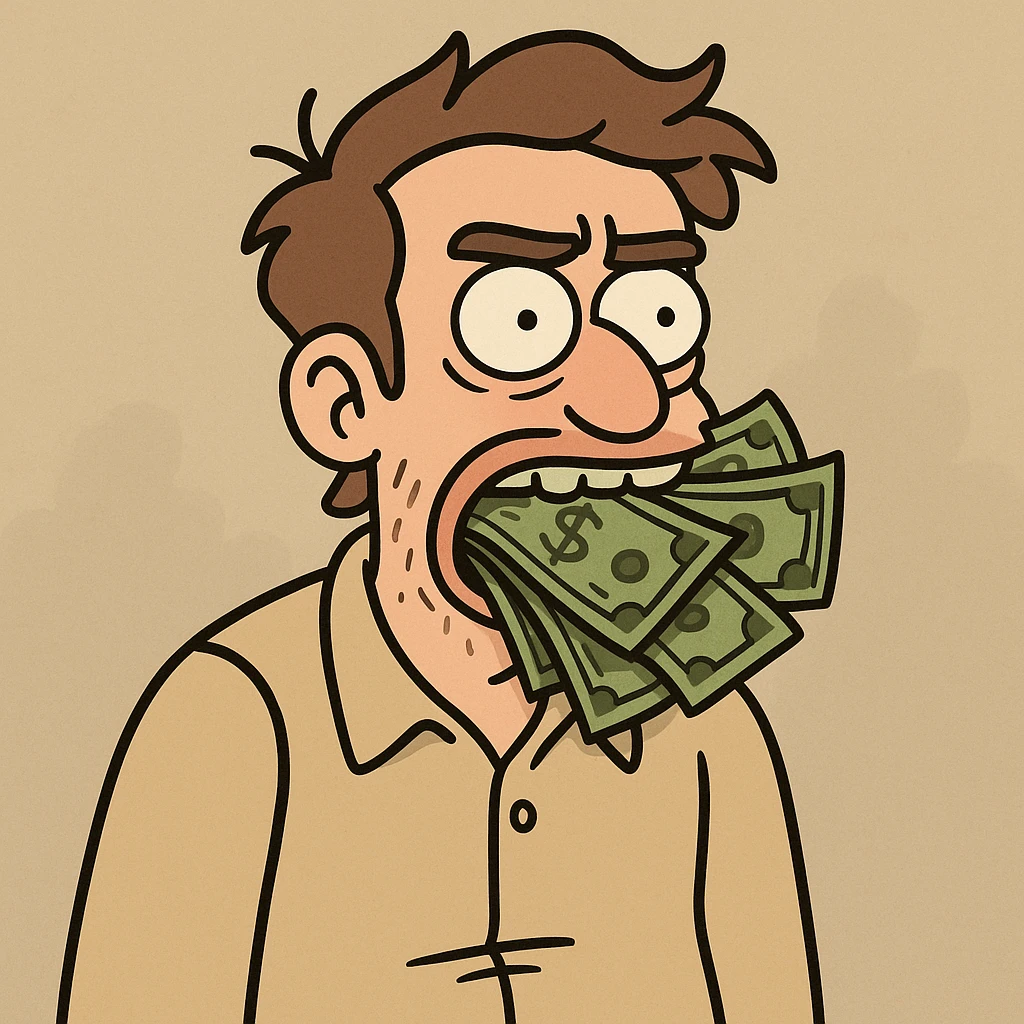 cartoon style illustration of a man with money stuffed in his mouth emoji